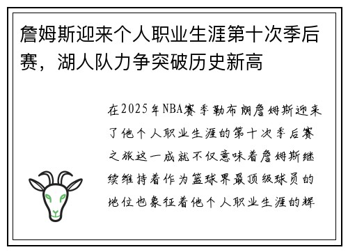 詹姆斯迎来个人职业生涯第十次季后赛，湖人队力争突破历史新高