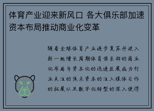 体育产业迎来新风口 各大俱乐部加速资本布局推动商业化变革